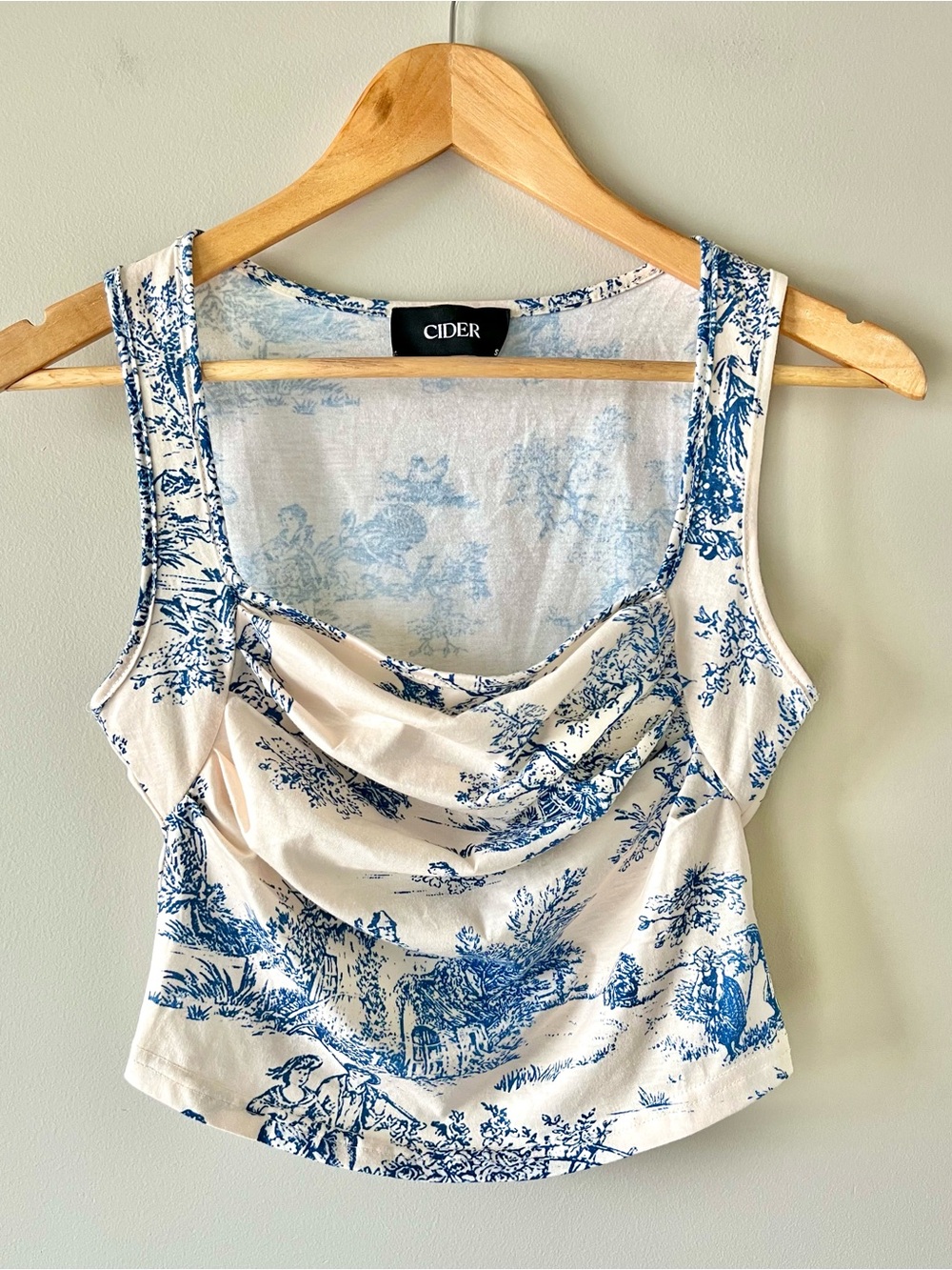 Cider Blue & Cream Toile Cowl Neck Tank Slightly Cropped Size Small